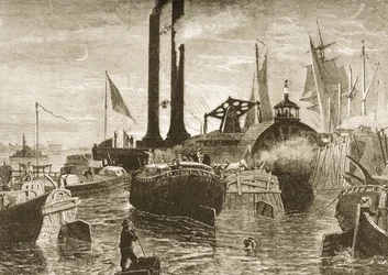 Une flotte de céréales dans le port de New York dans les années 1870, c.1880